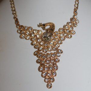 4" Large Clear Crystal & Gold Peacock Necklace
